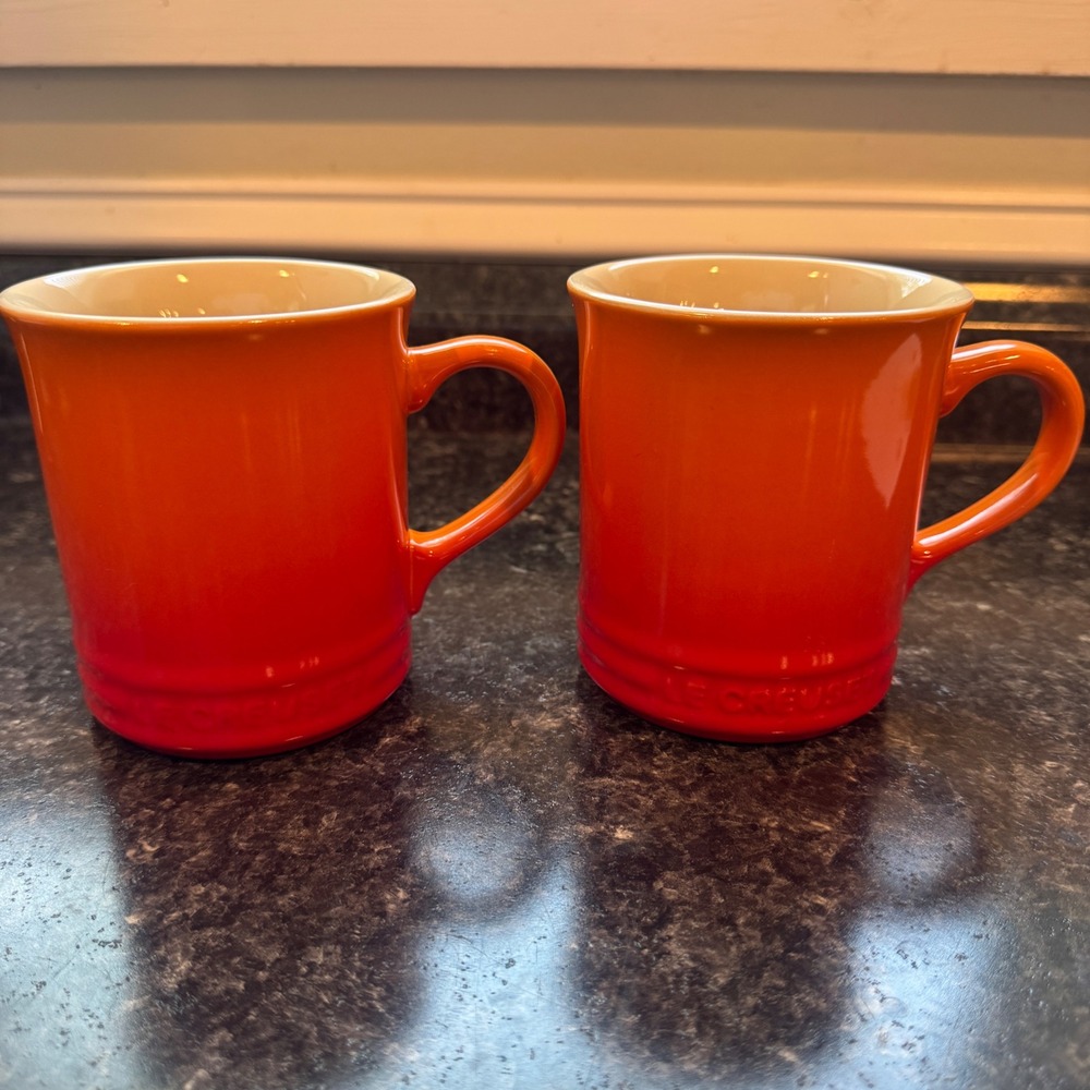 Le Creuset Flame Orange Stoneware Mugs Set of 2 14oz 400ml Ombre Coffee Cups